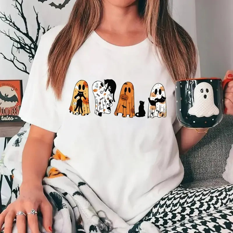 Ghost Cat Halloween Black Spooky Season Lover Retro - Adult & Kids T-Shirts, Sweatshirts & Hoodies apparel design preview 1