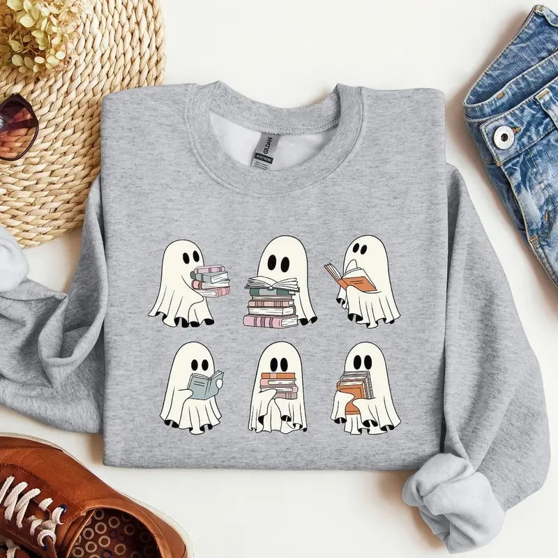 Ghost Reading Books Bookish Halloween Librarian Funny - Adult & Kids T-Shirts, Sweatshirts & Hoodies apparel design preview 1