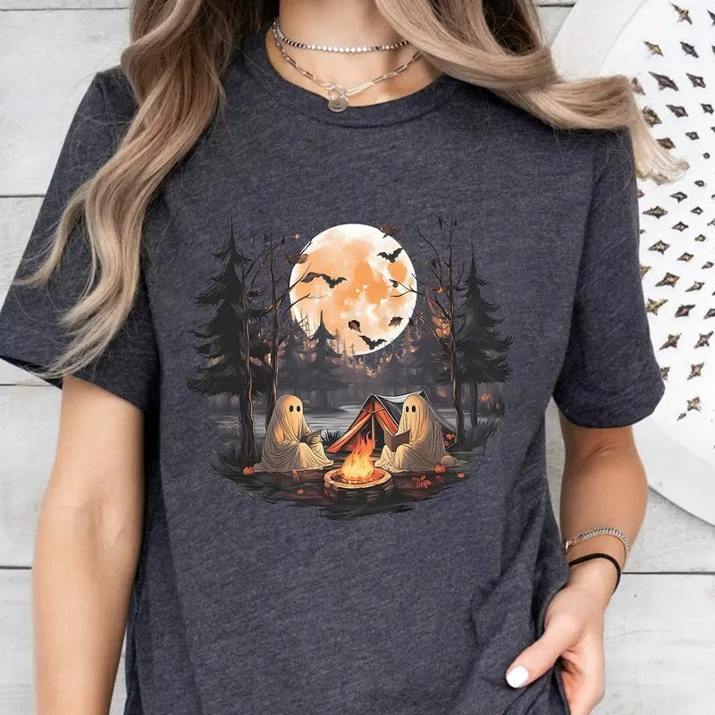 Ghost Reading Camping Gothic Halloween Book Spooky - Adult & Kids T-Shirts, Sweatshirts & Hoodies apparel design preview 1