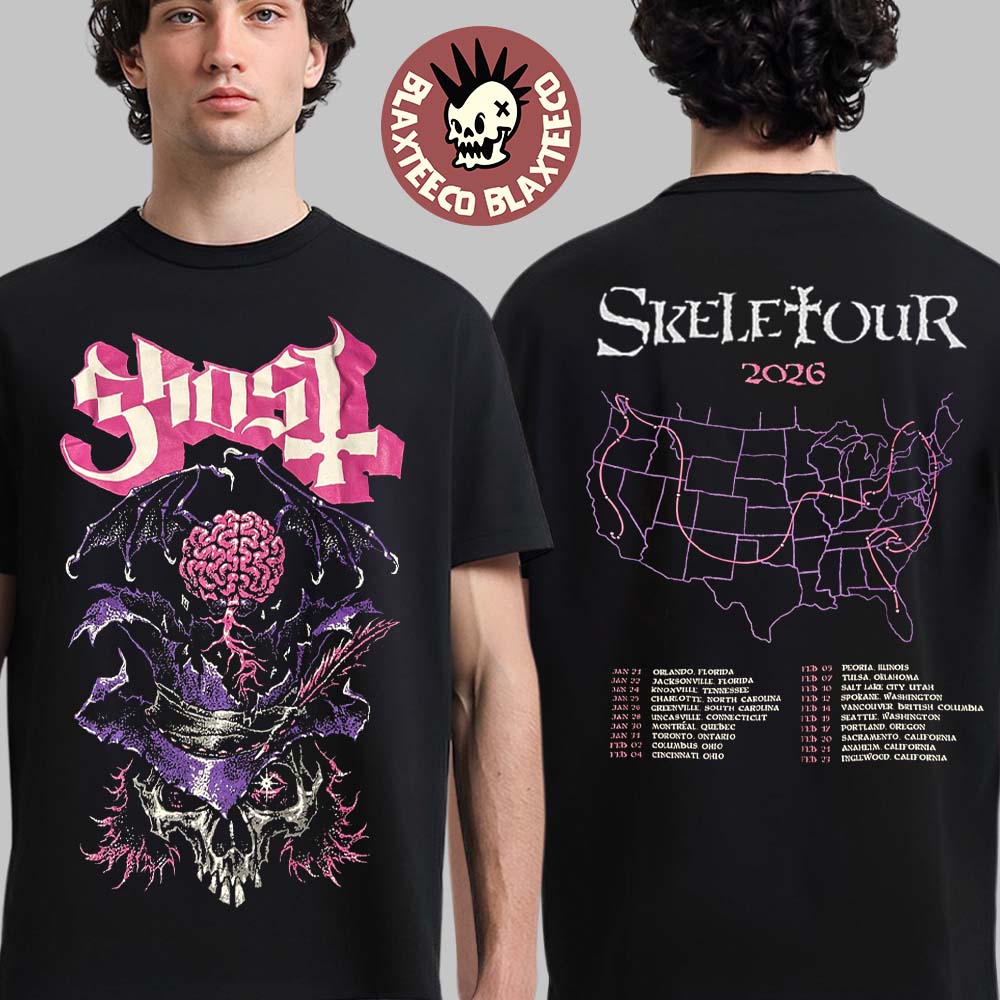 Ghost Skeletour 2026 Merch Brain Skeleton With Dates - Adult & Kids T-Shirts, Sweatshirts & Hoodies apparel design preview 1