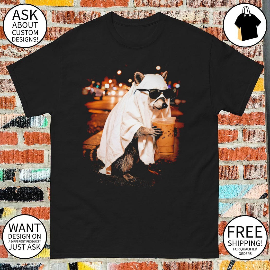 Ghost raccoon spooky iced coffee Happy Halloween - Adult & Kids T-Shirts, Sweatshirts & Hoodies apparel design preview 1