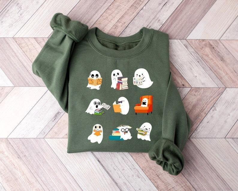 Ghosts Books Teacher Halloween Ghost Reading Book - Adult & Kids T-Shirts, Sweatshirts & Hoodies apparel design preview 1