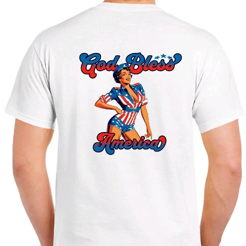 God Bless America Pinup Girl Cotton Menswear Top - Adult & Kids T-Shirts, Sweatshirts & Hoodies apparel design preview 1