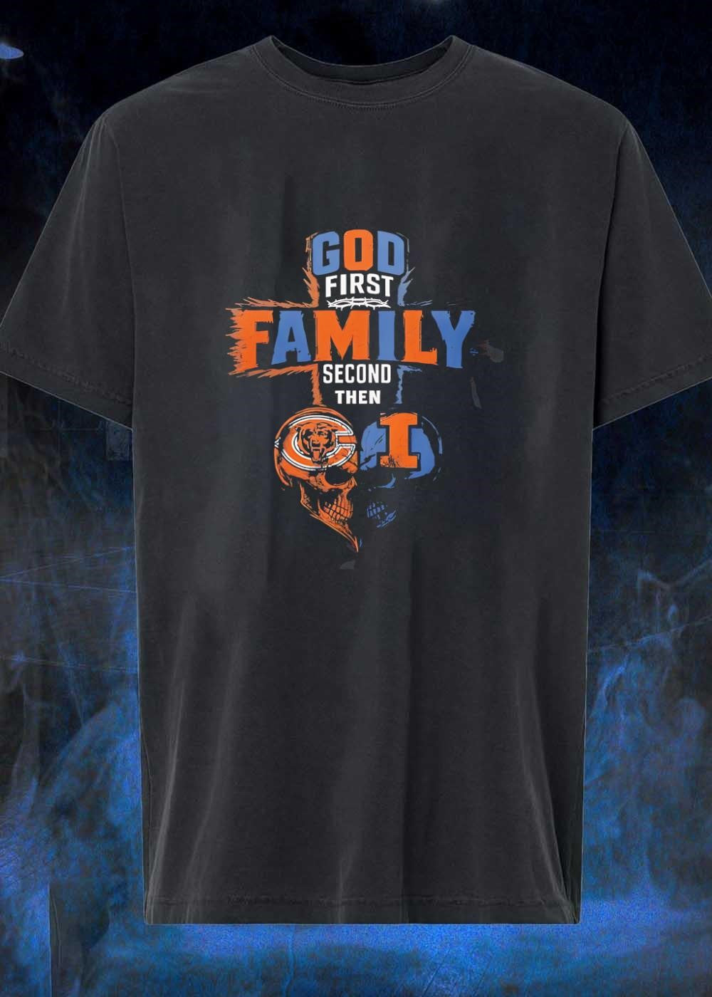 God First Family Second Then Bears Illinois Skull - Adult & Kids T-Shirts, Sweatshirts & Hoodies apparel design preview 1
