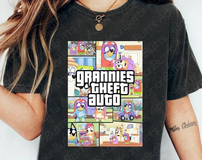Grannies Theft Auto Movies Characters Bluey Dog - Adult & Kids T-Shirts, Sweatshirts & Hoodies apparel design preview 1