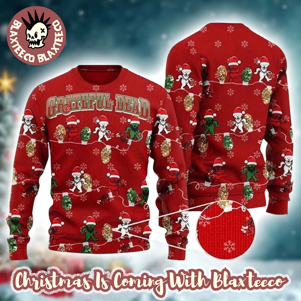 Grateful Dead Funny Dancing Bear Walking Rope Lights Knitted Red Ugly Christmas Sweater - Holiday Gift product image