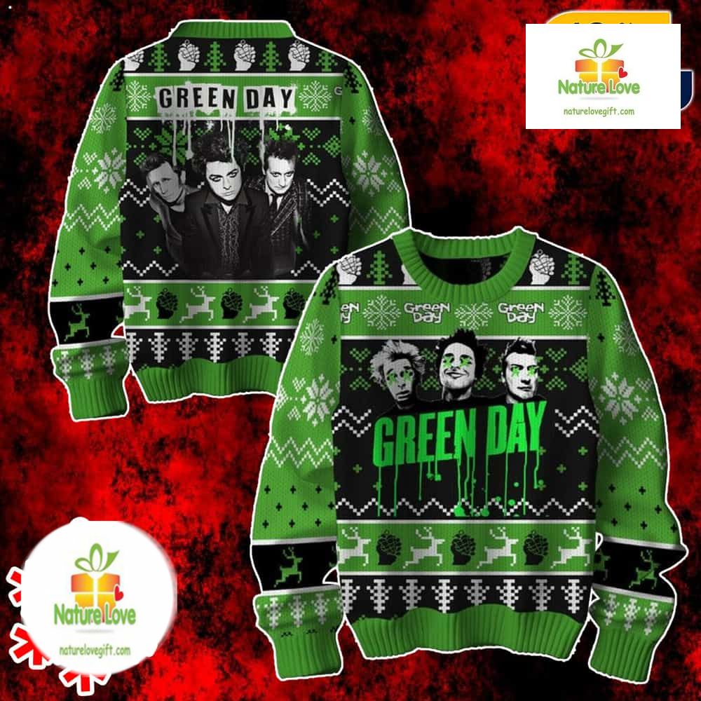 Green Day Rock Band Snowflake Art Gift for Friends Ugly Christmas Sweater - Gift for Music Fans product image