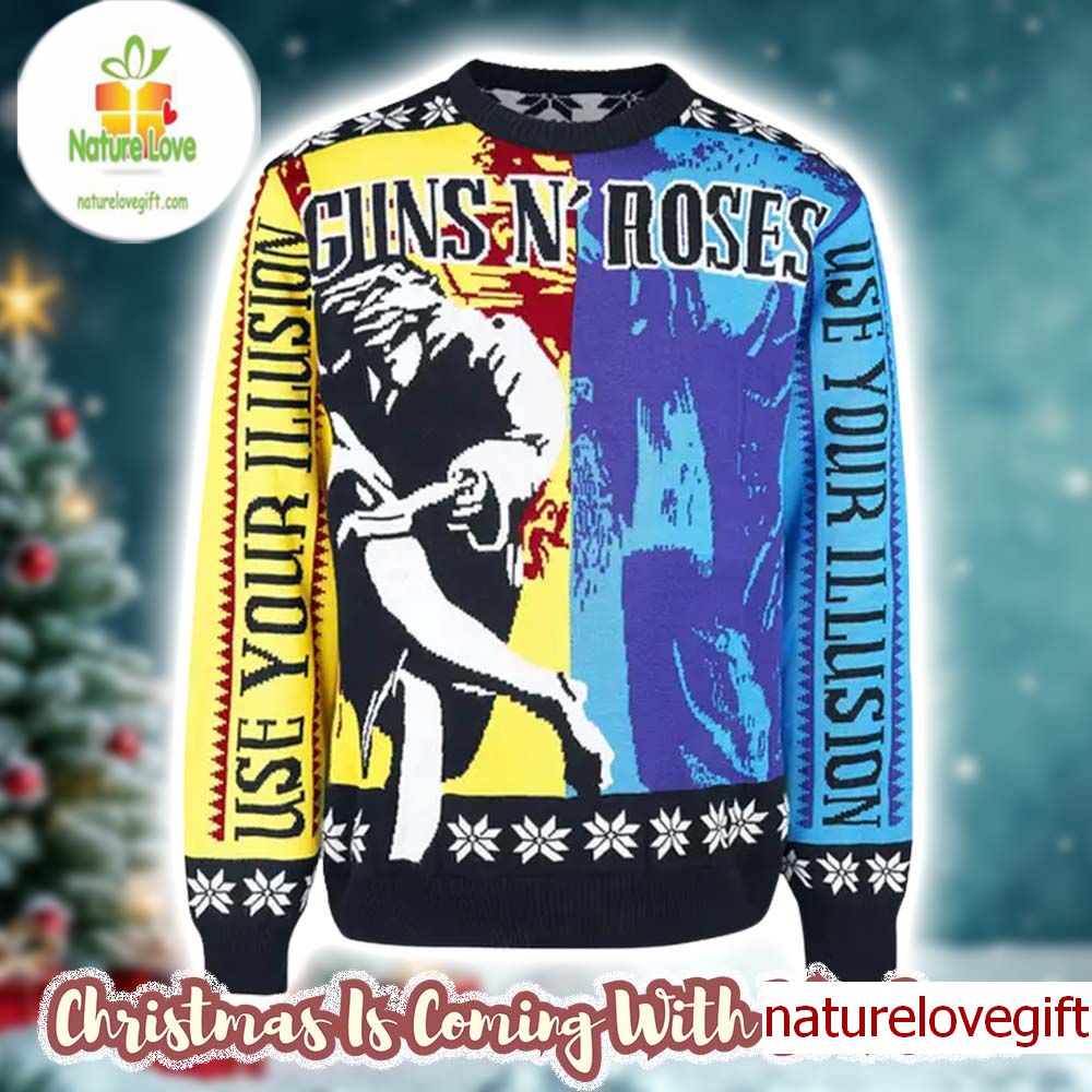 Guns N Roses Use Your Illusion Album Split Yellow And Blue Album Cover Jumper Ugly Christmas Sweater - Holiday Gift product image