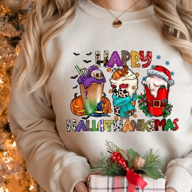 HalloThanksMas Season Halloween Thanksgiving - Adult & Kids T-Shirts, Sweatshirts & Hoodies apparel design preview 1