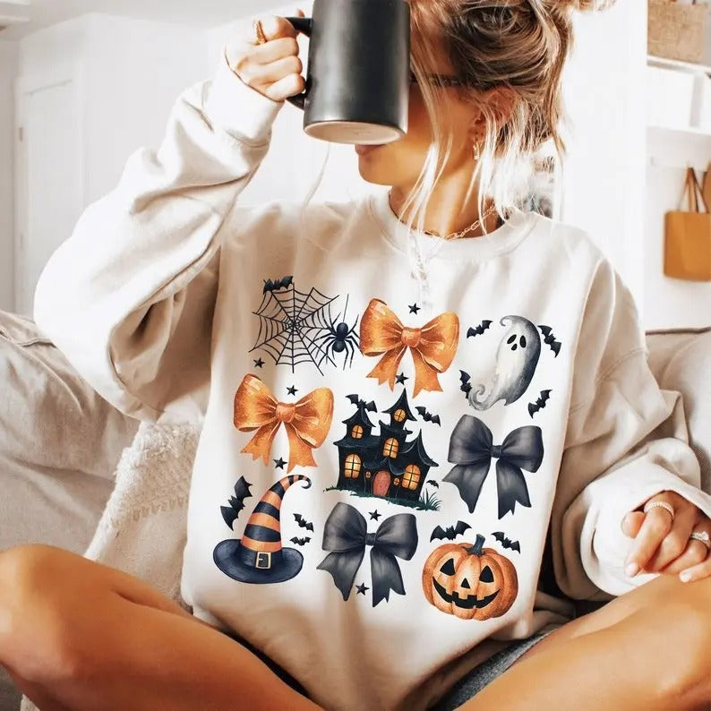 Halloween Coquette Pumpkin Bows Cute Preppy Spooky - Adult & Kids T-Shirts, Sweatshirts & Hoodies apparel design preview 1