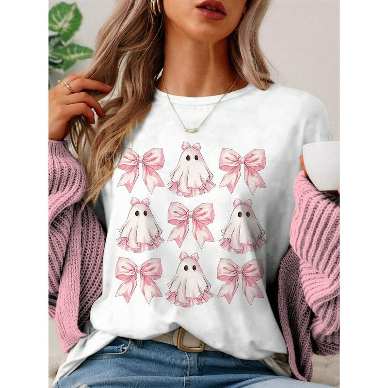 Halloween Cute Ghost Plaid Bow Print Casual Round - Adult & Kids T-Shirts, Sweatshirts & Hoodies apparel design preview 1