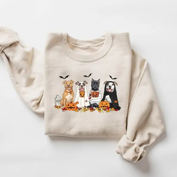 Halloween Dog Pitbull Ghost Dogs - Adult & Kids T-Shirts, Sweatshirts & Hoodies apparel design preview 1
