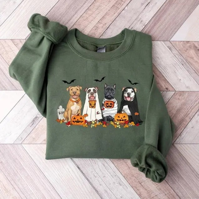 Halloween Dog Pitbull Ghost Dogs - Adult & Kids T-Shirts, Sweatshirts & Hoodies apparel design preview 1
