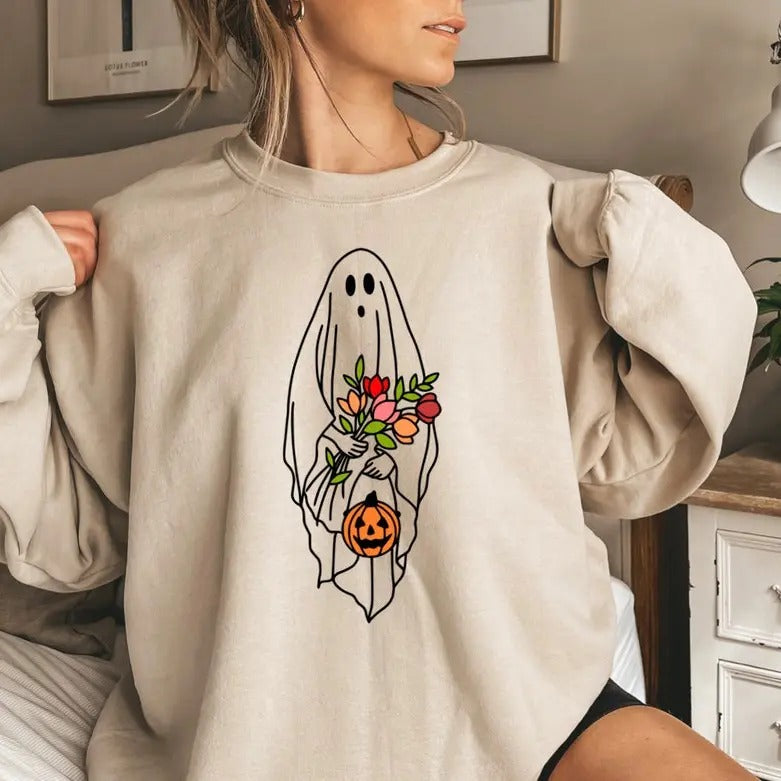 Halloween Ghost Party Floral Autumn Trick Treat - Adult & Kids T-Shirts, Sweatshirts & Hoodies apparel design preview 1