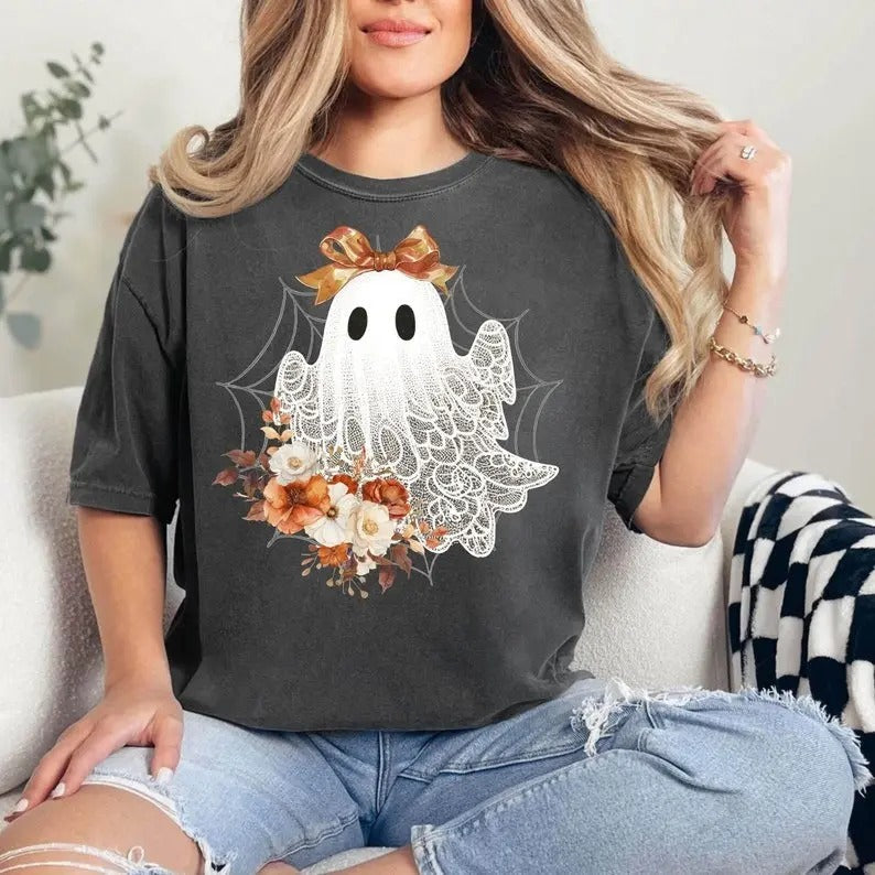 Halloween Lace Ghost Cut Floral Spooky Fall Coquette - Adult & Kids T-Shirts, Sweatshirts & Hoodies apparel design preview 1