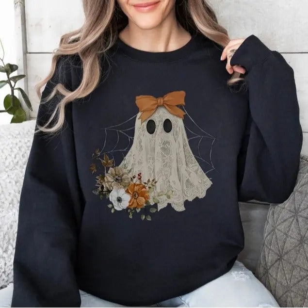 Halloween Lace Ghost Spooky Coquette Girly Orange Bow - Adult & Kids T-Shirts, Sweatshirts & Hoodies apparel design preview 1