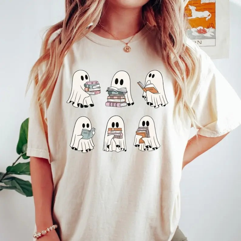 Halloween Retro Ghosts Reading Books Teacher - Adult & Kids T-Shirts, Sweatshirts & Hoodies apparel design preview 1