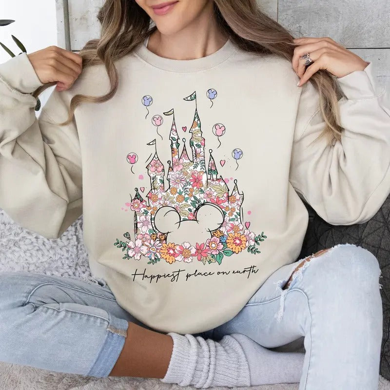Happiest Place Earth Magic Kingdom Castle Floral - Adult & Kids T-Shirts, Sweatshirts & Hoodies apparel design preview 1