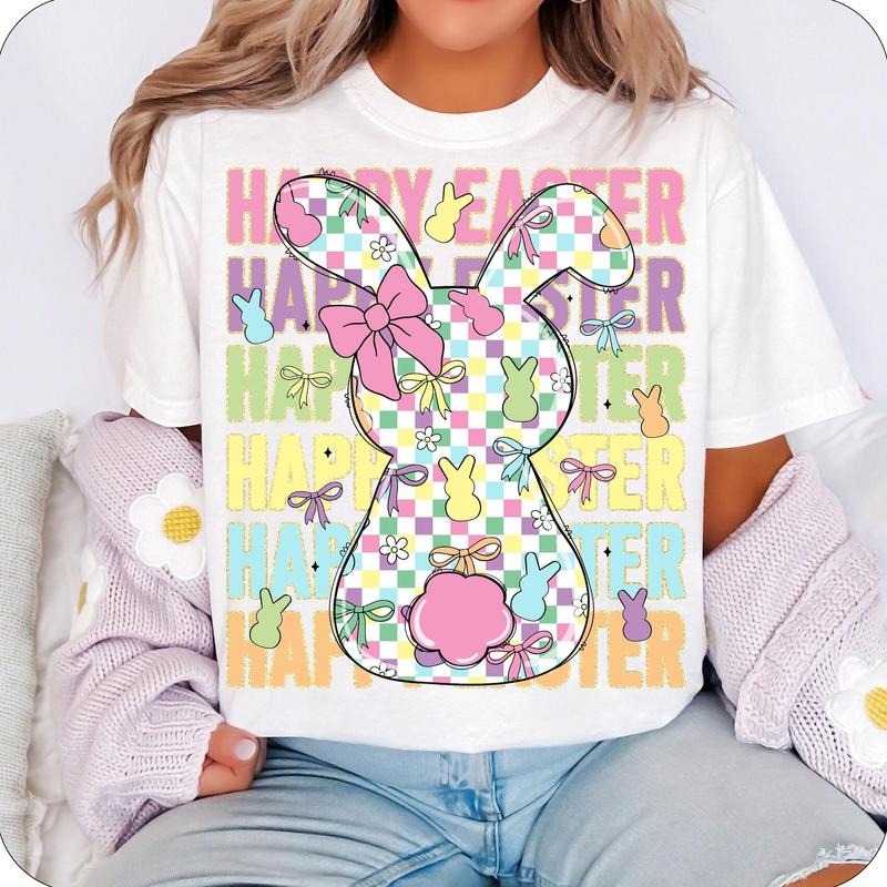 Happy Easter Checkered Bow Pastel Bunny Coquette Day - Adult & Kids T-Shirts, Sweatshirts & Hoodies apparel design preview 1