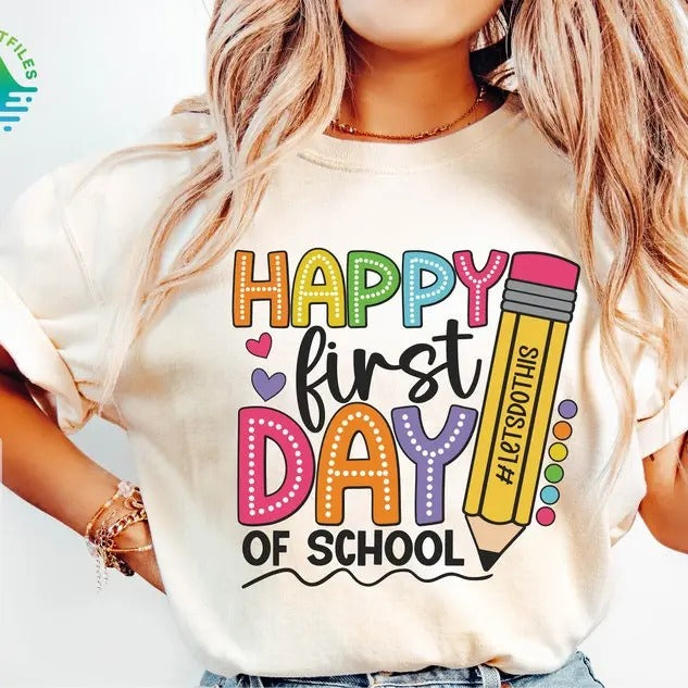 Happy First Day School 1st Back Hello Teacher - Adult & Kids T-Shirts, Sweatshirts & Hoodies apparel design preview 1
