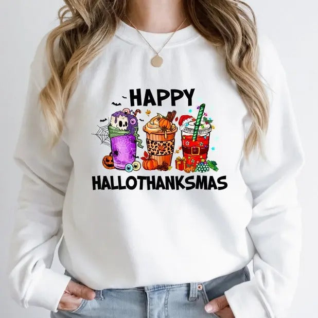 Happy HalloThanksMas Coffe Funny Gnome Cute Drinking - Adult & Kids T-Shirts, Sweatshirts & Hoodies apparel design preview 1