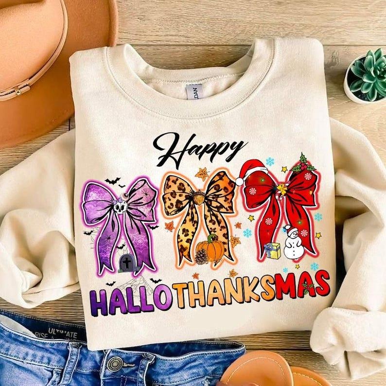 Happy Hallothanksmas Coquette Bow Halloween - Adult & Kids T-Shirts, Sweatshirts & Hoodies apparel design preview 1