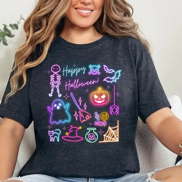 Happy Halloween Neon Skeleton Ghost Party Pumpkin - Adult & Kids T-Shirts, Sweatshirts & Hoodies apparel design preview 1