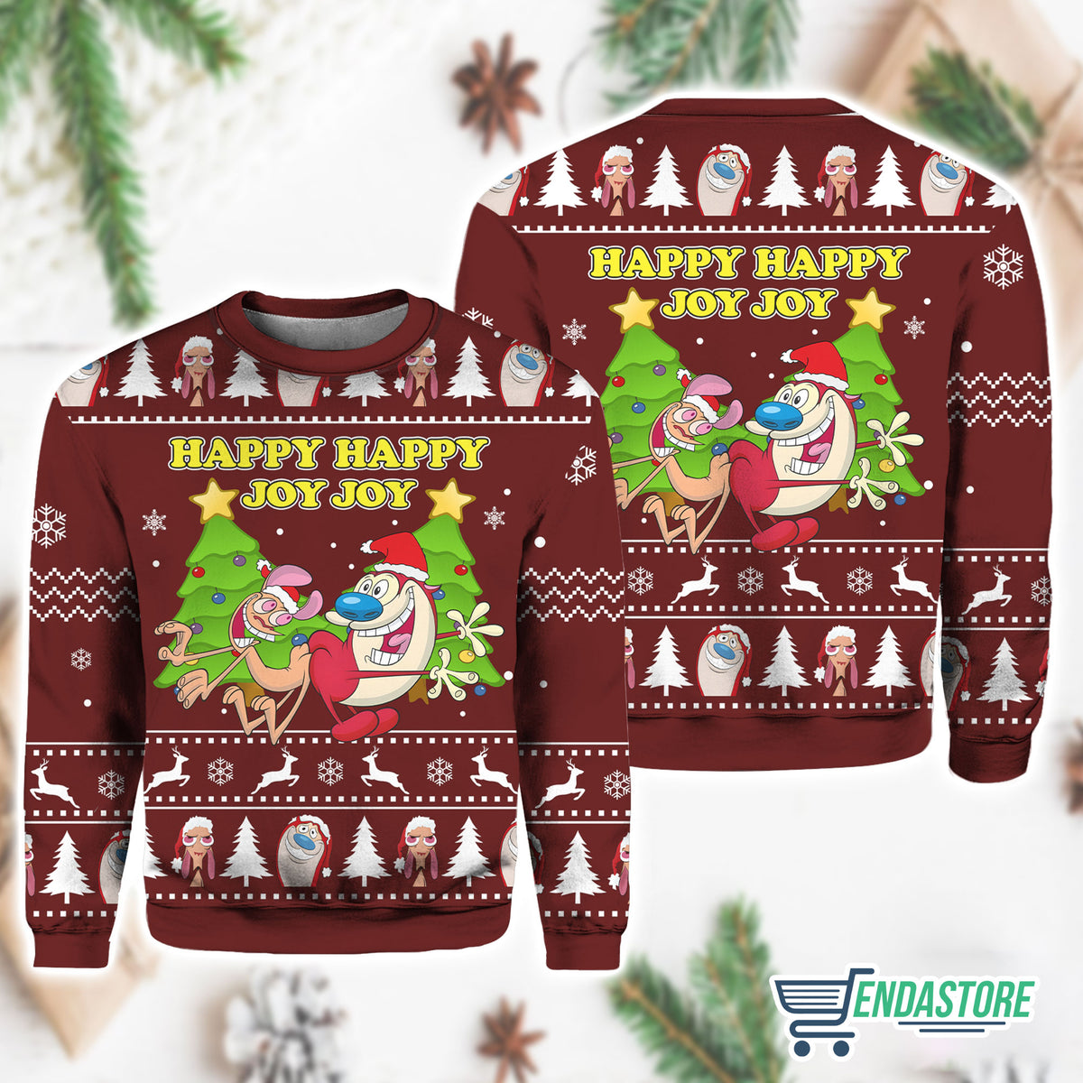 Happy Happy Joy Joy Ren And Stimpy 3D Ugly Christmas Sweater - Holiday Gift product image 2