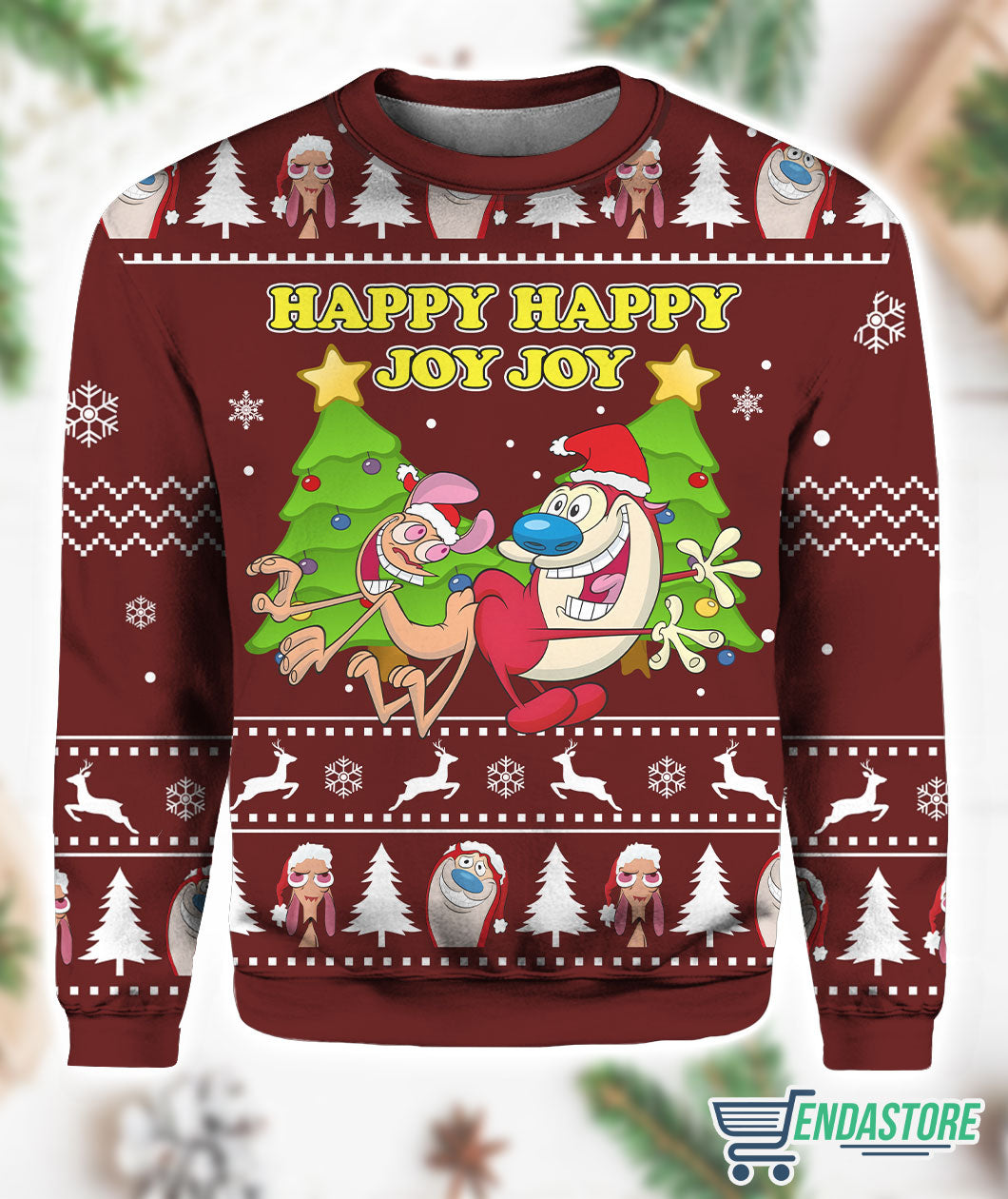 Happy Happy Joy Joy Ren And Stimpy 3D Ugly Christmas Sweater - Holiday Gift product image