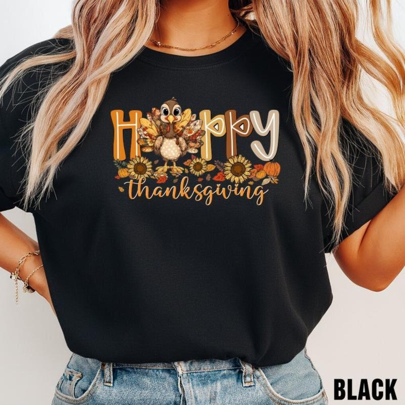 Happy Thanksgiving Cute Turkey Pumpkin Pie Fall - Adult & Kids T-Shirts, Sweatshirts & Hoodies apparel design preview 1