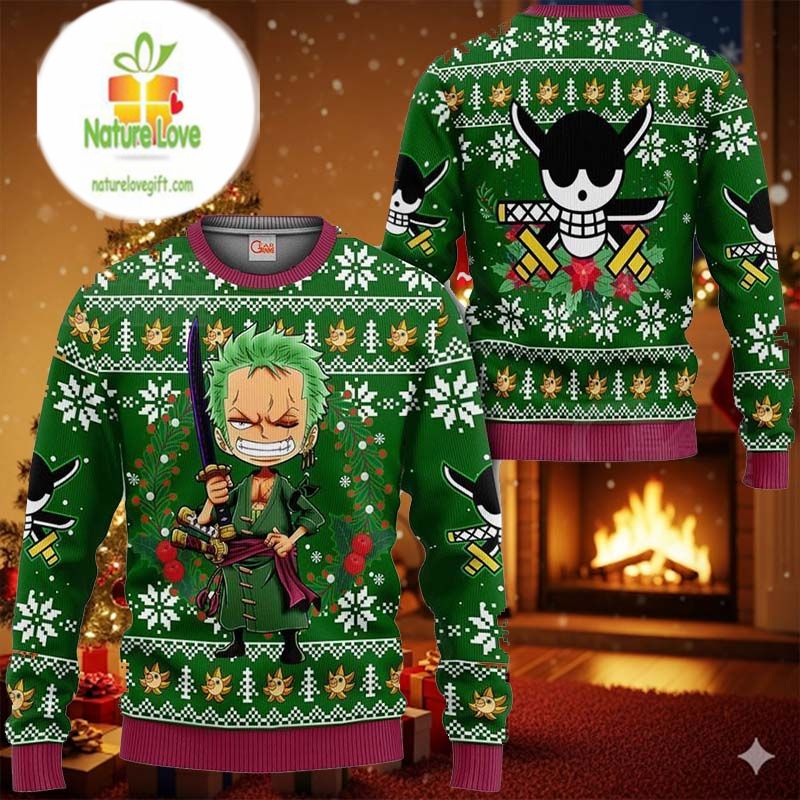 Happy Zoro Anime Xmas One Piece Ugly Christmas Sweater - Holiday Gift product image