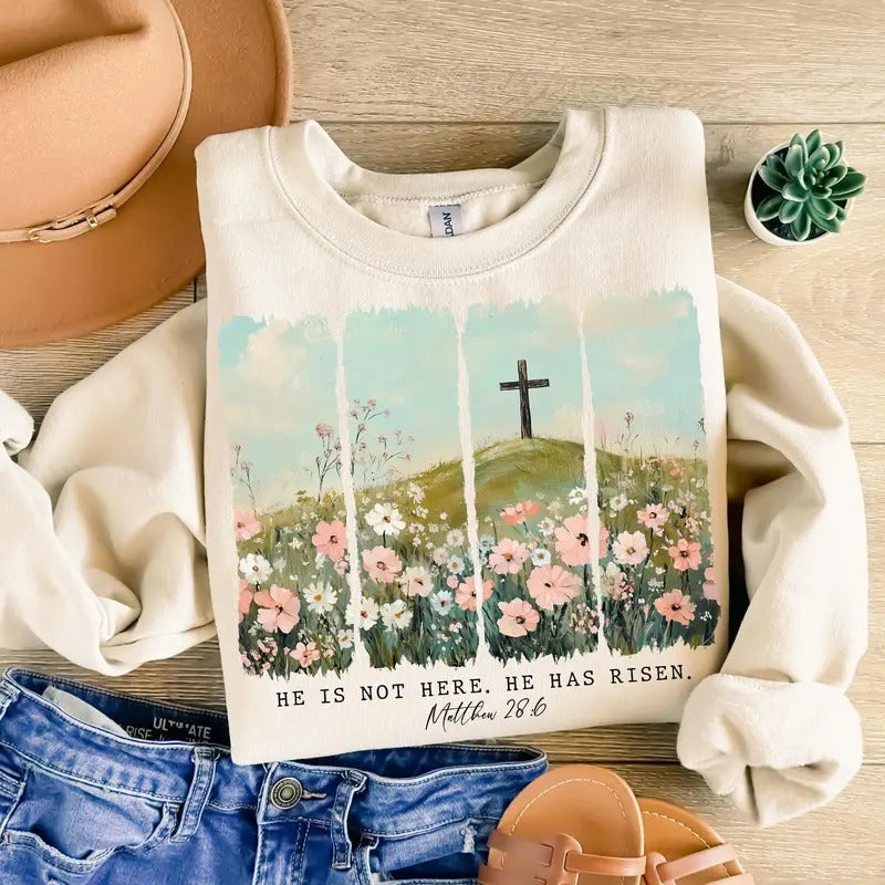He Is Not Here Has Risen Easter Christian Jesus - Adult & Kids T-Shirts, Sweatshirts & Hoodies apparel design preview 1