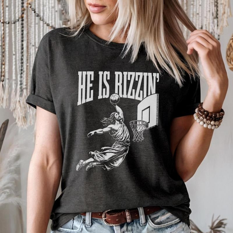 He Is Rizzin' Basketball Jesus Meme Easter Playing - Adult & Kids T-Shirts, Sweatshirts & Hoodies apparel design preview 1