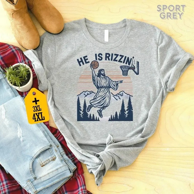 He Is Rizzin' Funny Jesus Playing Basketball - Adult & Kids T-Shirts, Sweatshirts & Hoodies apparel design preview 1