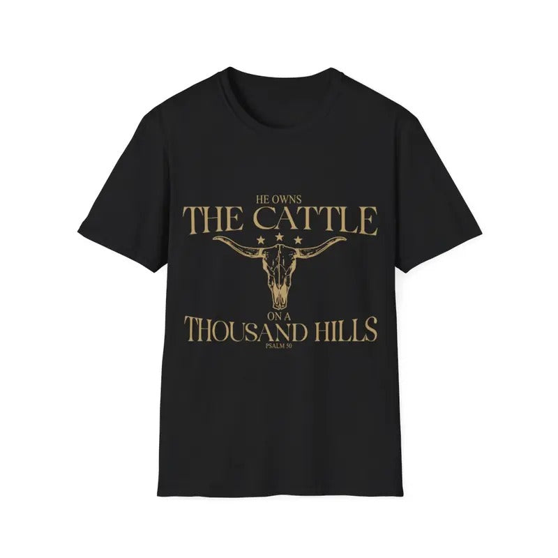 He Owns Cattle Thousand Hills Psalm 50 Vintage Cow - Adult & Kids T-Shirts, Sweatshirts & Hoodies apparel design preview 1