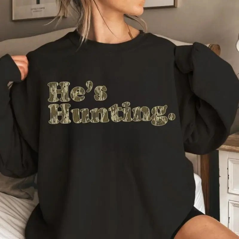 He Is Hunting Camoflauge Bottomland Pattern Camo - Adult & Kids T-Shirts, Sweatshirts & Hoodies apparel design preview 1