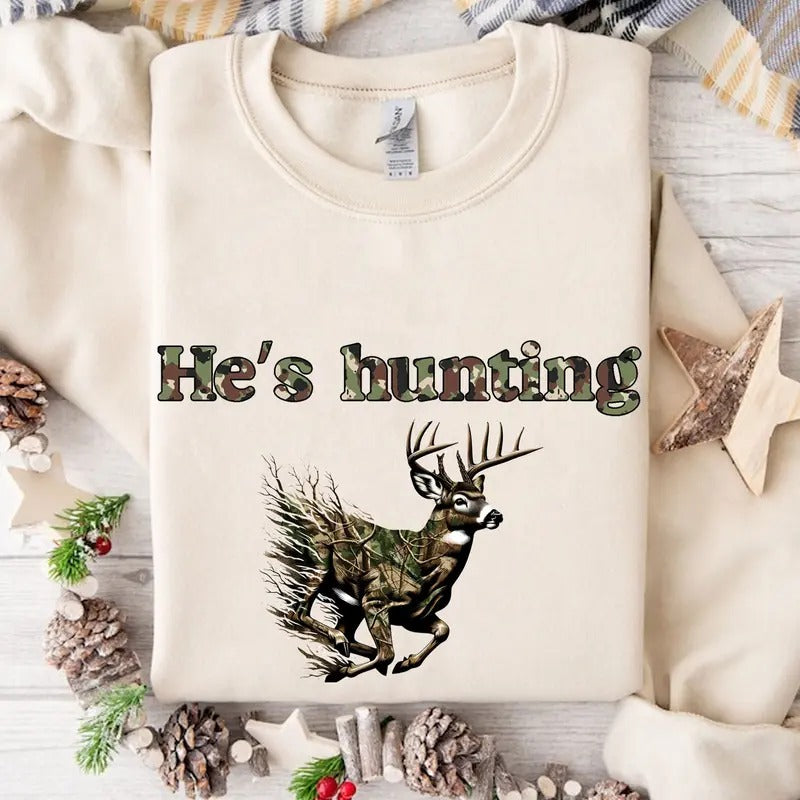 He Is Hunting Deer Camoflauge Bottomland Pattern Camo - Adult & Kids T-Shirts, Sweatshirts & Hoodies apparel design preview 1