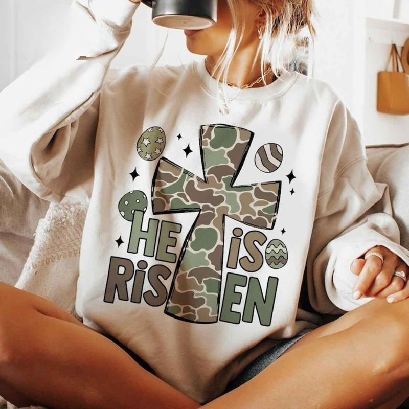 He Is Risen Camo Cross Easter Christian Jesus Happy - Adult & Kids T-Shirts, Sweatshirts & Hoodies apparel design preview 1