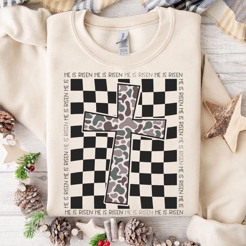 He Is Risen Checkered Camo Jesus Cross Easter Happy - Adult & Kids T-Shirts, Sweatshirts & Hoodies apparel design preview 1