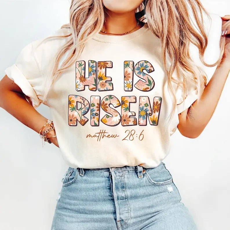 He Is Risen Christian Easter Floral Boho Bible Verse - Adult & Kids T-Shirts, Sweatshirts & Hoodies apparel design preview 1