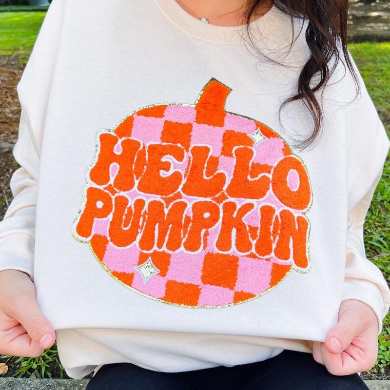'Hello Pumpkin' Letter Patch - Adult & Kids T-Shirts, Sweatshirts & Hoodies apparel design preview 1