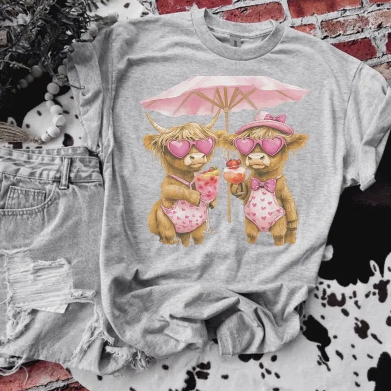 Highland Cows Summer Time Ash Grey Bleached Gildan - Adult & Kids T-Shirts, Sweatshirts & Hoodies apparel design preview 1