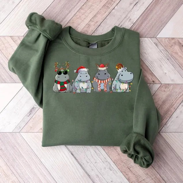 Hippopotamus Retro Hippo Light Lover Xmas - Adult & Kids T-Shirts, Sweatshirts & Hoodies apparel design preview 1