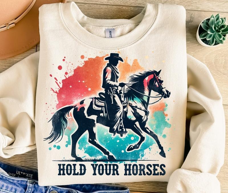 Hold Your Horses Png Sublimation Cowboy Western Retro - Adult & Kids T-Shirts, Sweatshirts & Hoodies apparel design preview 1