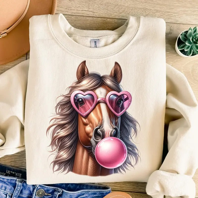 Horse Blowing Bubble Gum Png Retro Funny Sublimation - Adult & Kids T-Shirts, Sweatshirts & Hoodies apparel design preview 1