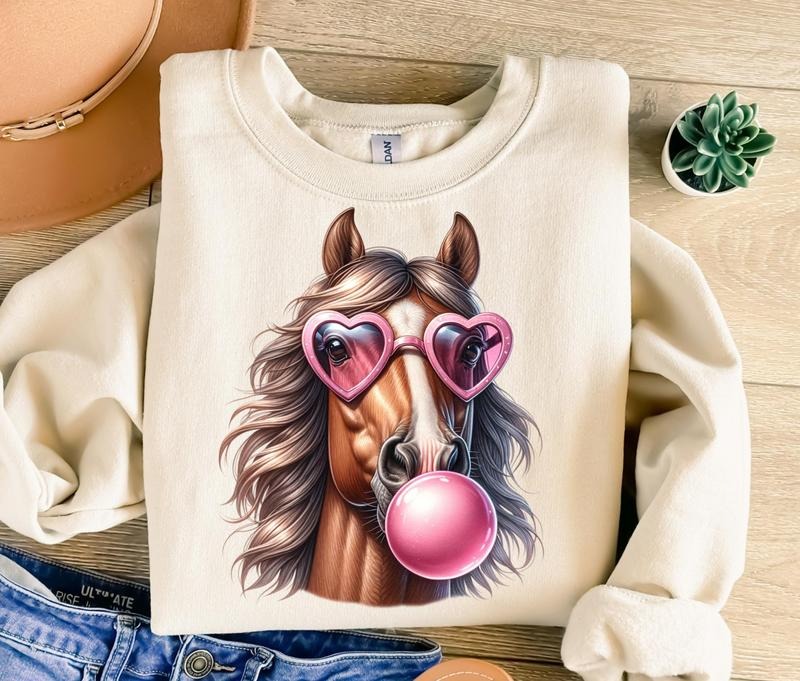 Horse Blowing Bubble Gum Png Retro Funny Sublimation - Adult & Kids T-Shirts, Sweatshirts & Hoodies apparel design preview 1