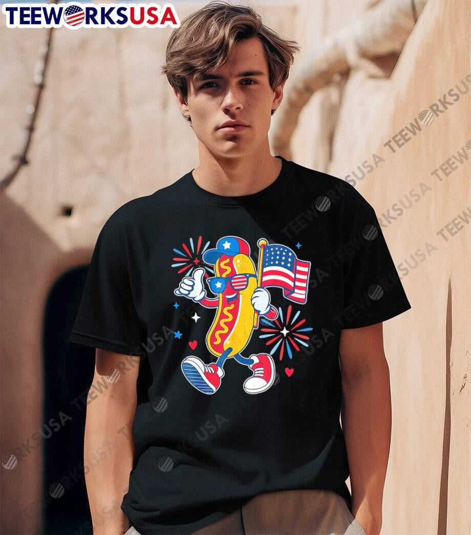 Dog Holding American Flag Firework - Adult & Kids T-Shirts, Sweatshirts & Hoodies apparel design preview 1