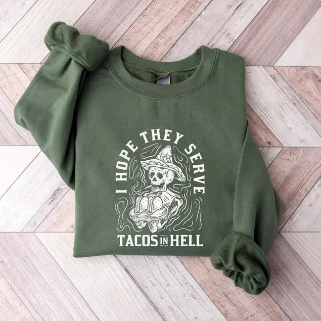 I Hope They Serve Tacos Hell Halloween Skeleton Funny - Adult & Kids T-Shirts, Sweatshirts & Hoodies apparel design preview 1