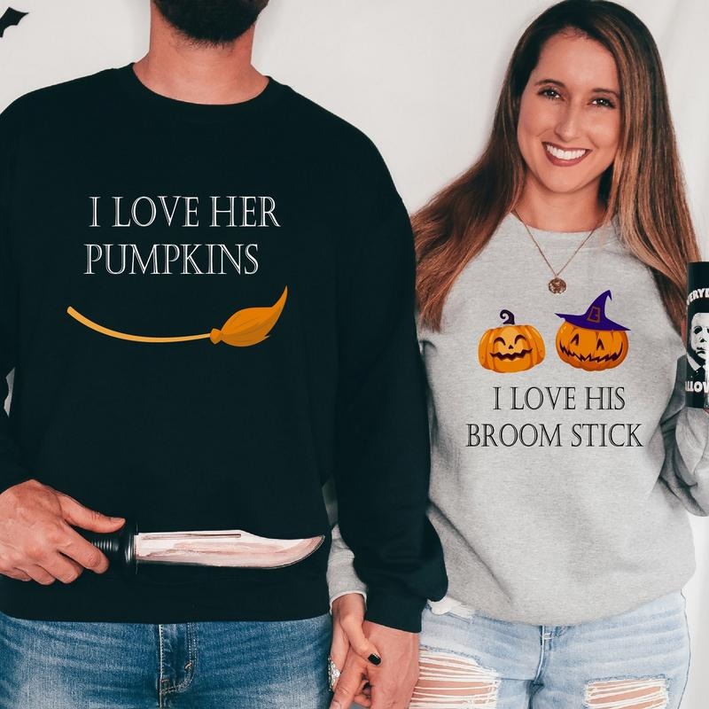 I Like Her Pumpkins His Broom Stick Matching Couples - Adult & Kids T-Shirts, Sweatshirts & Hoodies apparel design preview 1