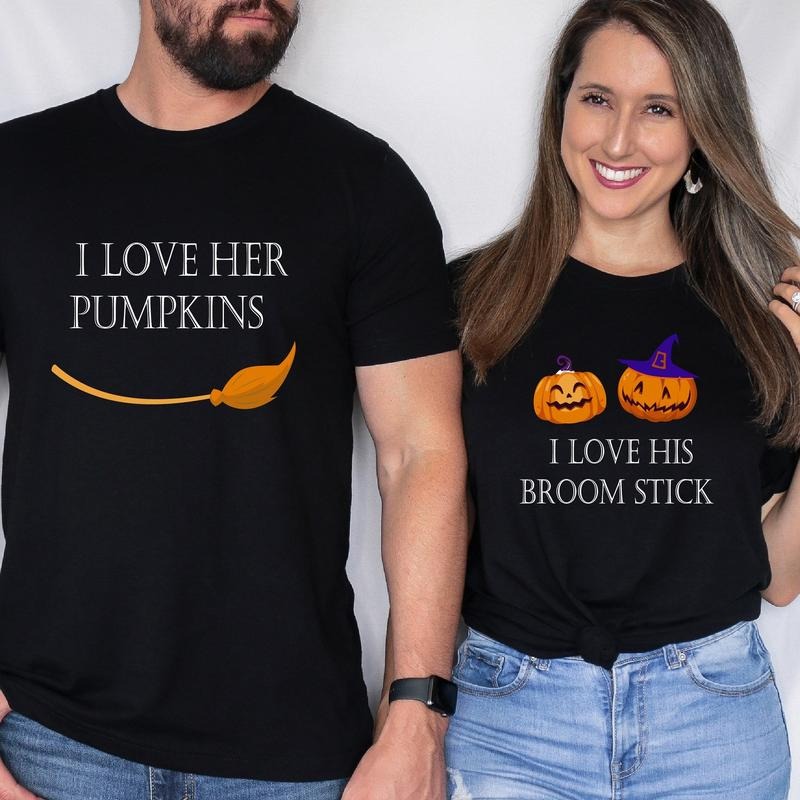 I Like Her Pumpkins His Broom Stick Matching Couples - Adult & Kids T-Shirts, Sweatshirts & Hoodies apparel design preview 1